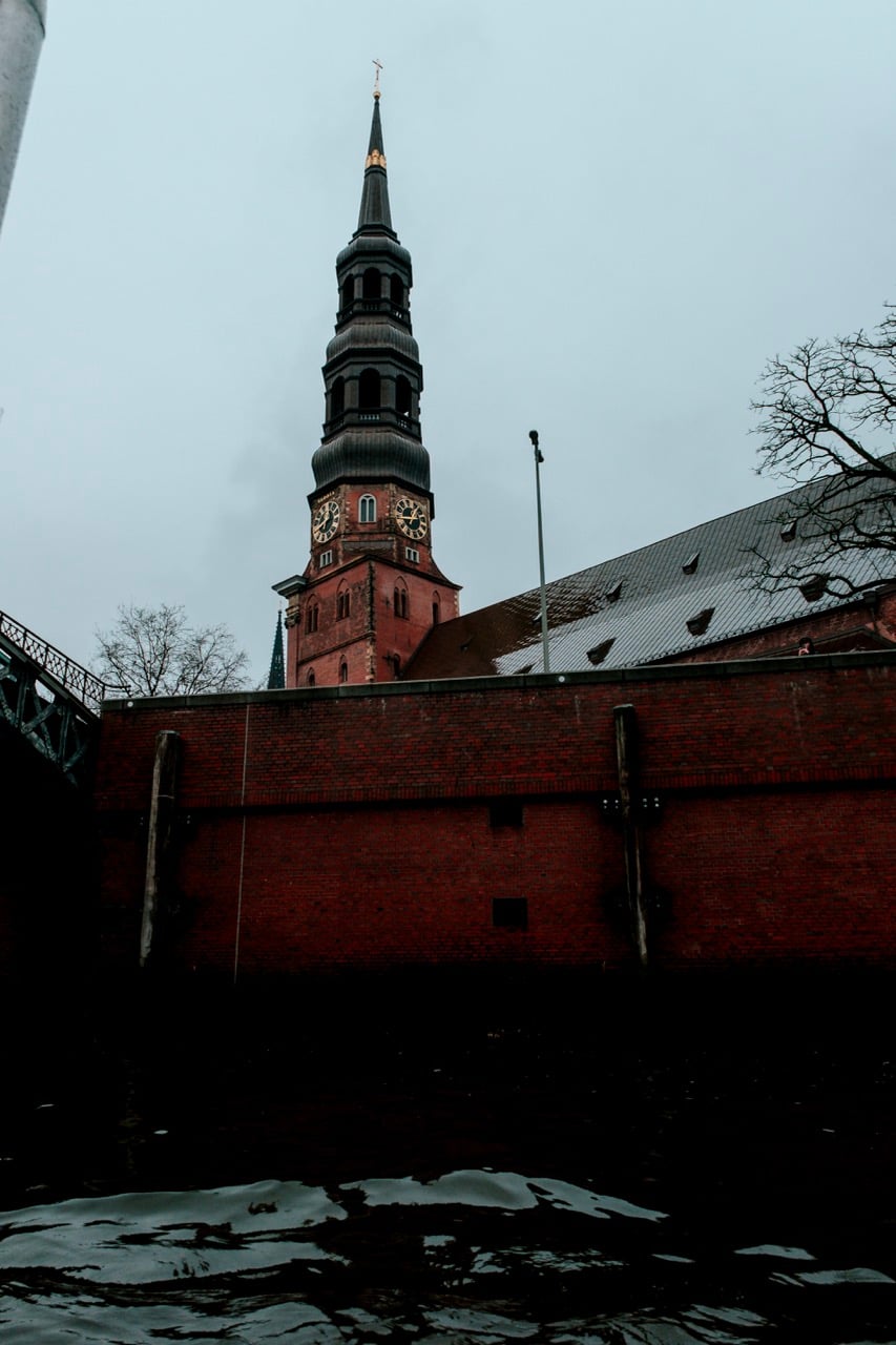 A view of a church in Hamburg from a boat cruise