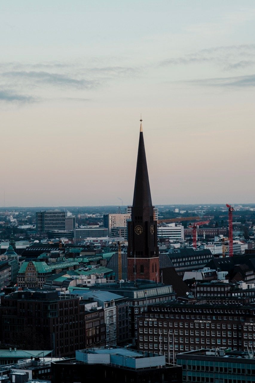 A church in Hamburg viewed from St. Nikolai Kirche