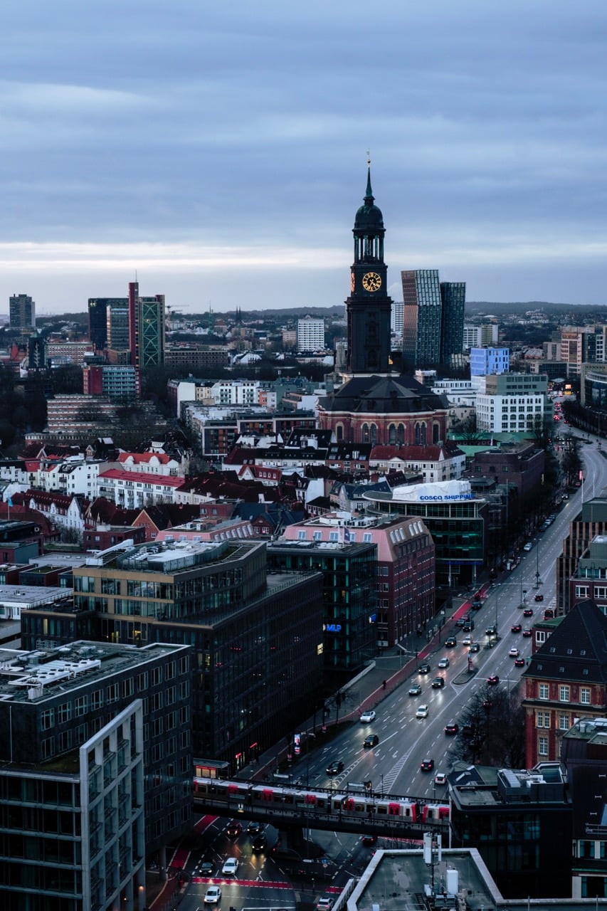 A view of churches in Hamburg, Germany, from an observation deck