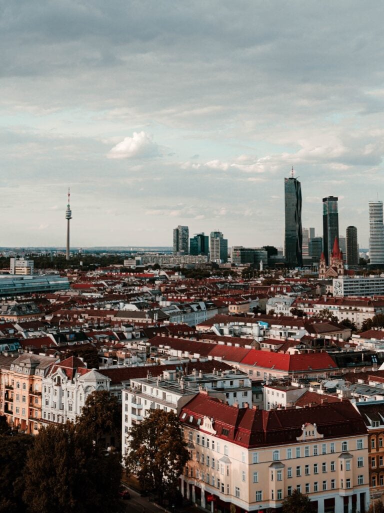 A view of Vienna from above from the Prater ferris wheel toward the Donauturm