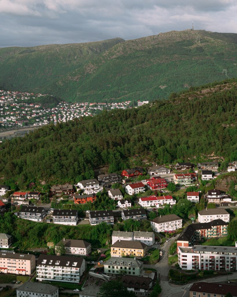 Apartments in Bergen, Norway, seen from Damsgårdsfjellet