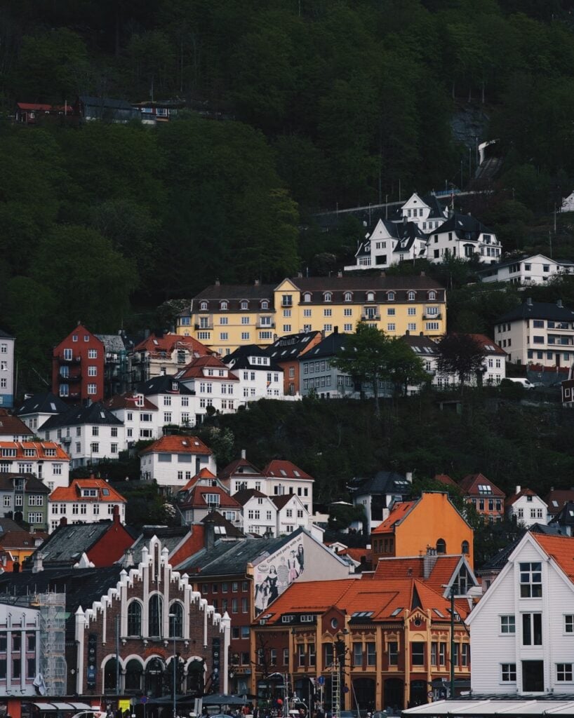 A darkened view of Bryggen in Bergen, Norway