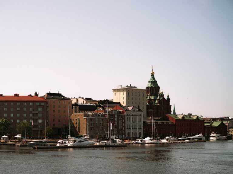 A view of a church in Helsinki from the water during the summer