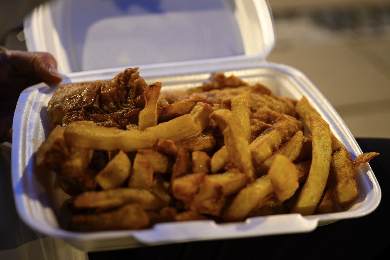 Eating fish and chips in Tórshavn, Faroe Islands