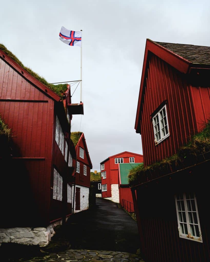 A view of Tinganes, Tórshavn, with a Faroese flag flying