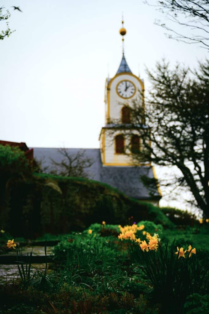A church and some flowers in Tórshavn, Faroe Islands