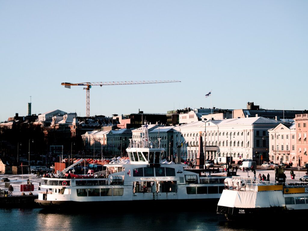 Boats docked in Helsinki, Finland, during the winter