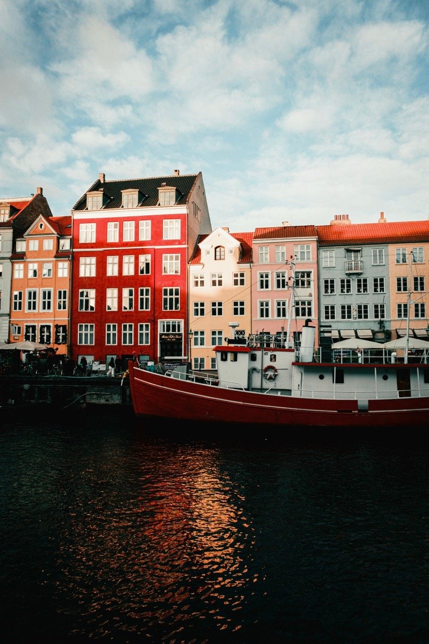 Sun shining off buildings in Nyhavn, Copenhagen