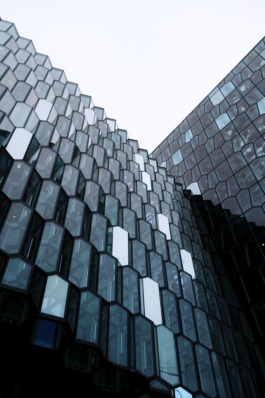 A photo of the exterior of Harpa Concert Hall in Reykjavík