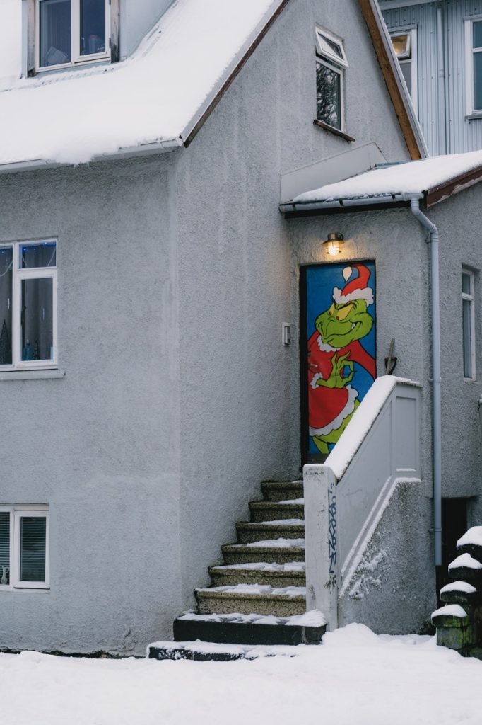 A photo of the grinch on a house in Reykjavík, Iceland
