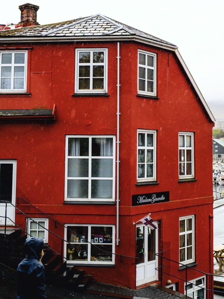 A red house in Tórshavn on a rainy day