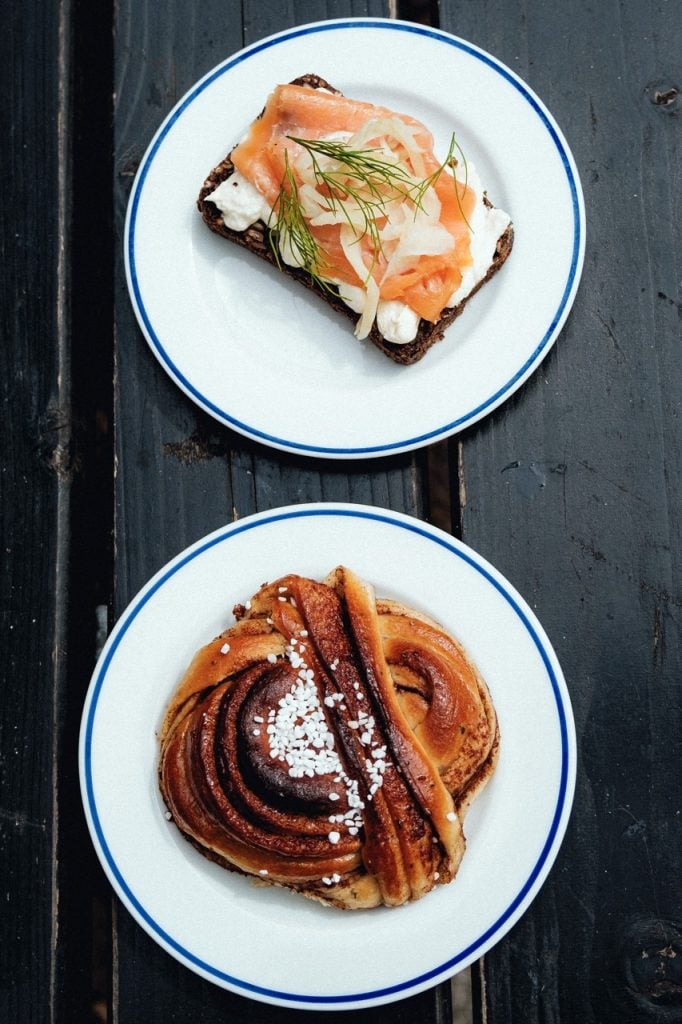 A sandwich and cinnamon bun from Stora Bageriet in Stockholm