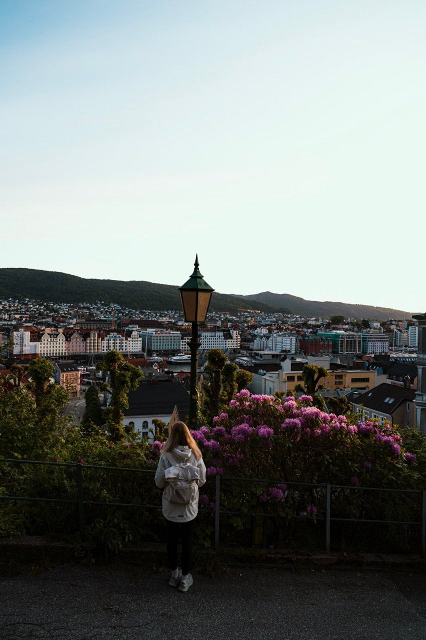 A person looking at Bergen, Norway, from a viewpoint