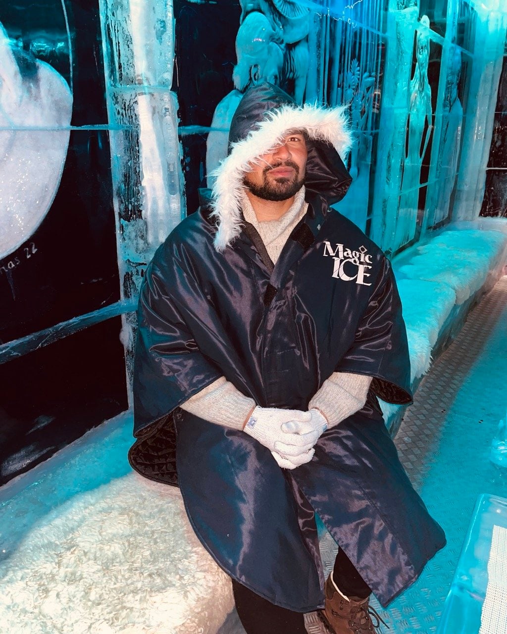 A man sitting in Magic Ice Bar in Bergen, Norway