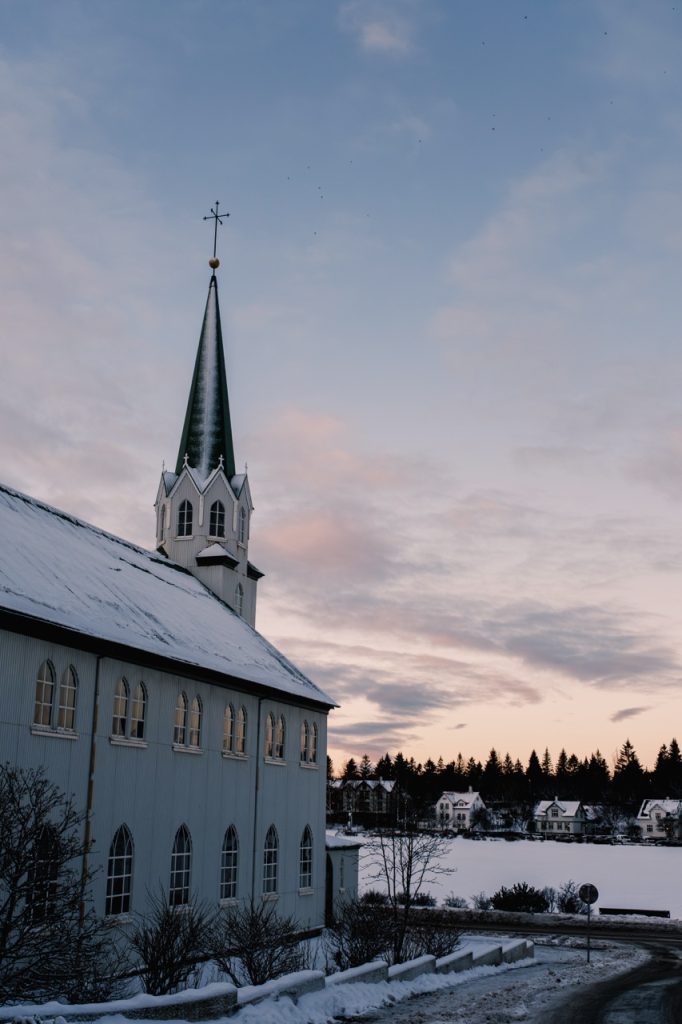 A snow-covered church in Reykjavik in winter