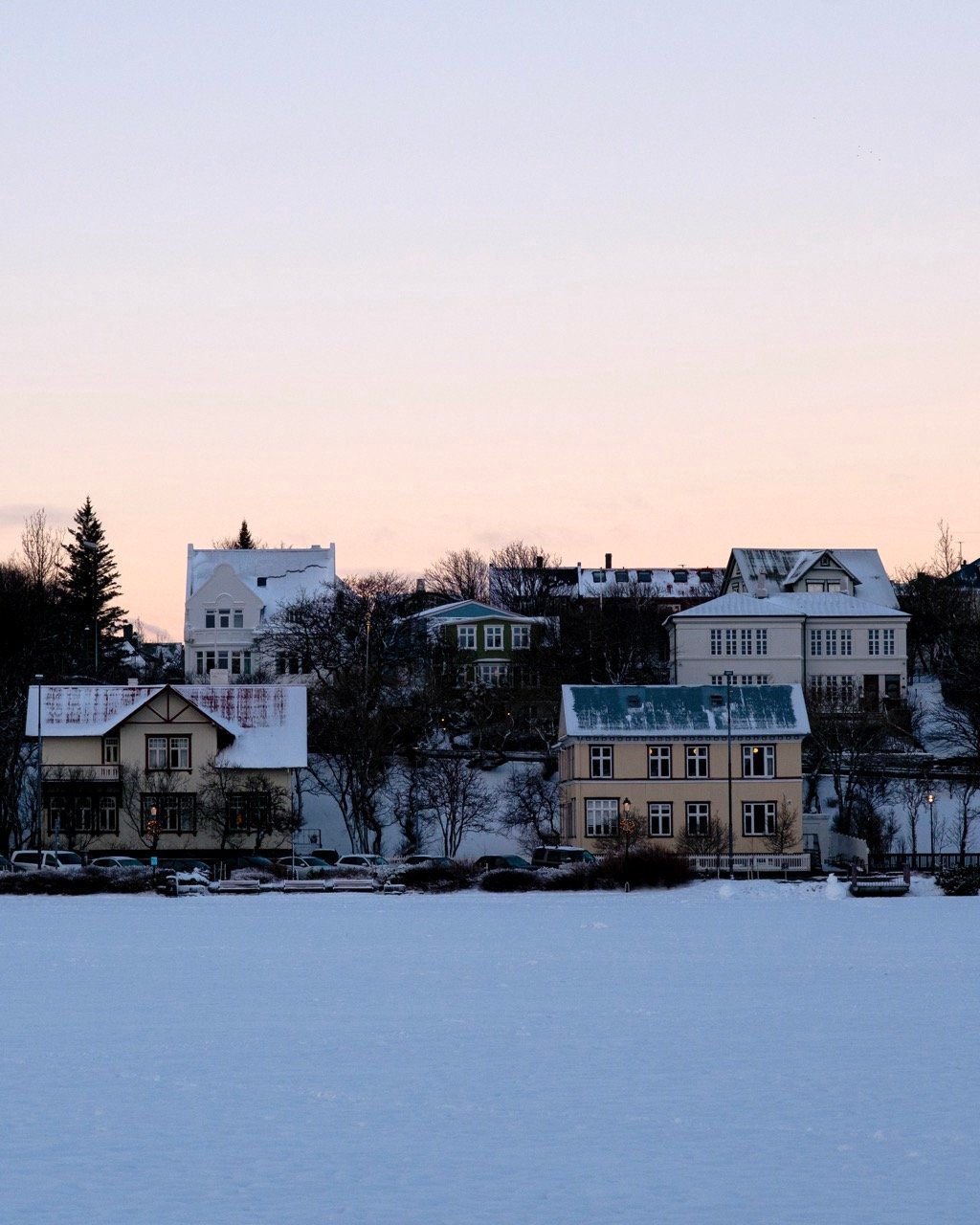 A frozen lake in Reykjavik, Iceland, during the winter