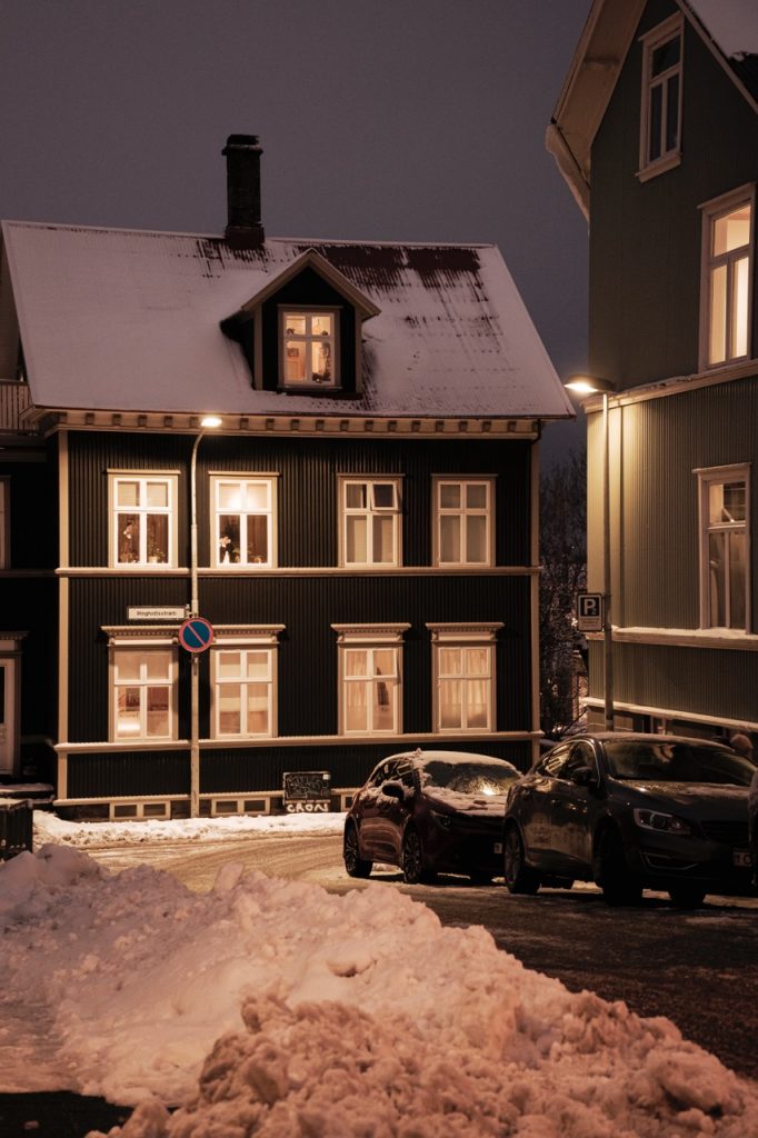 A nighttime street scene in Reykjavik