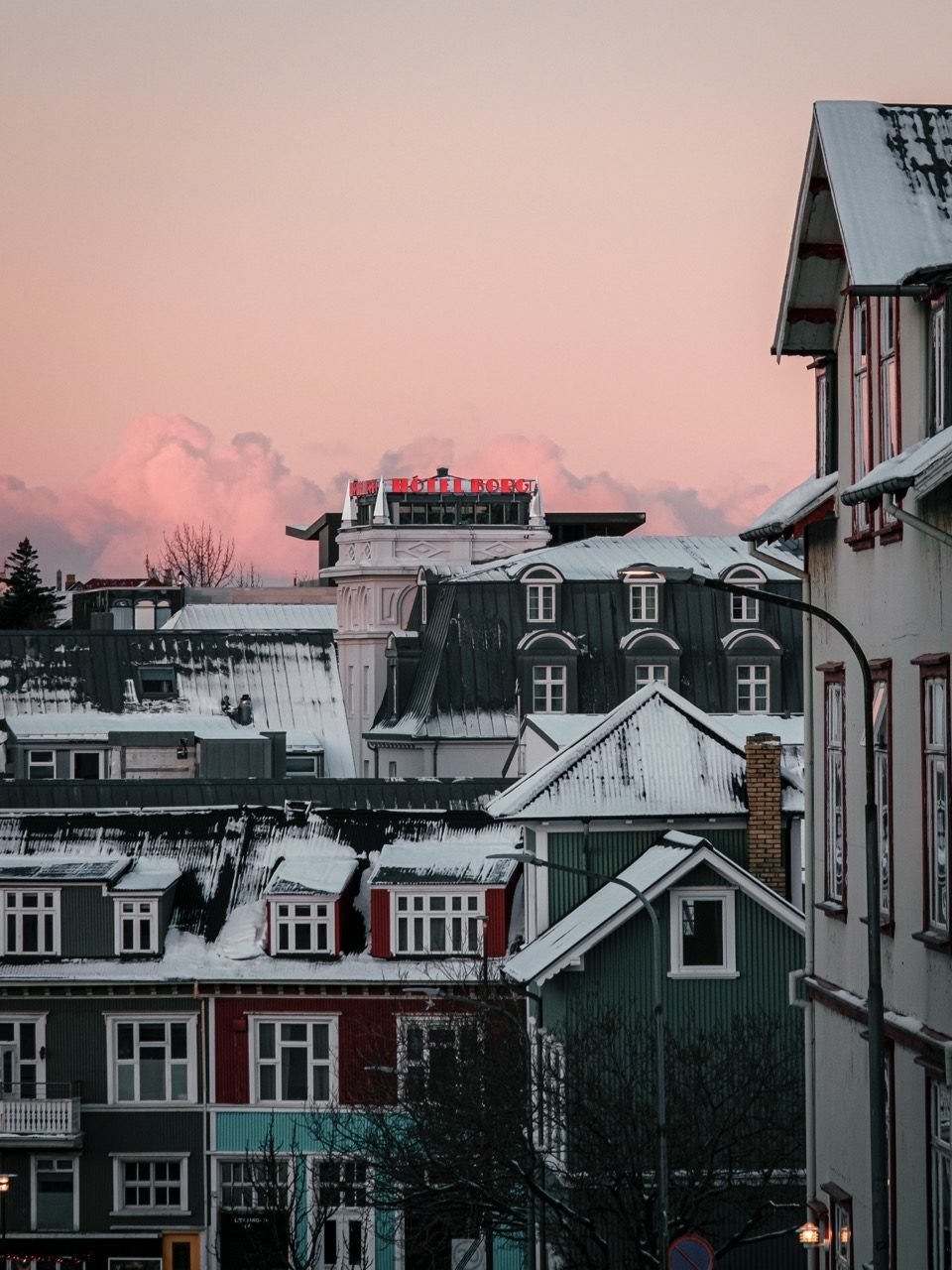 A pink sky in Reykjavik, Iceland