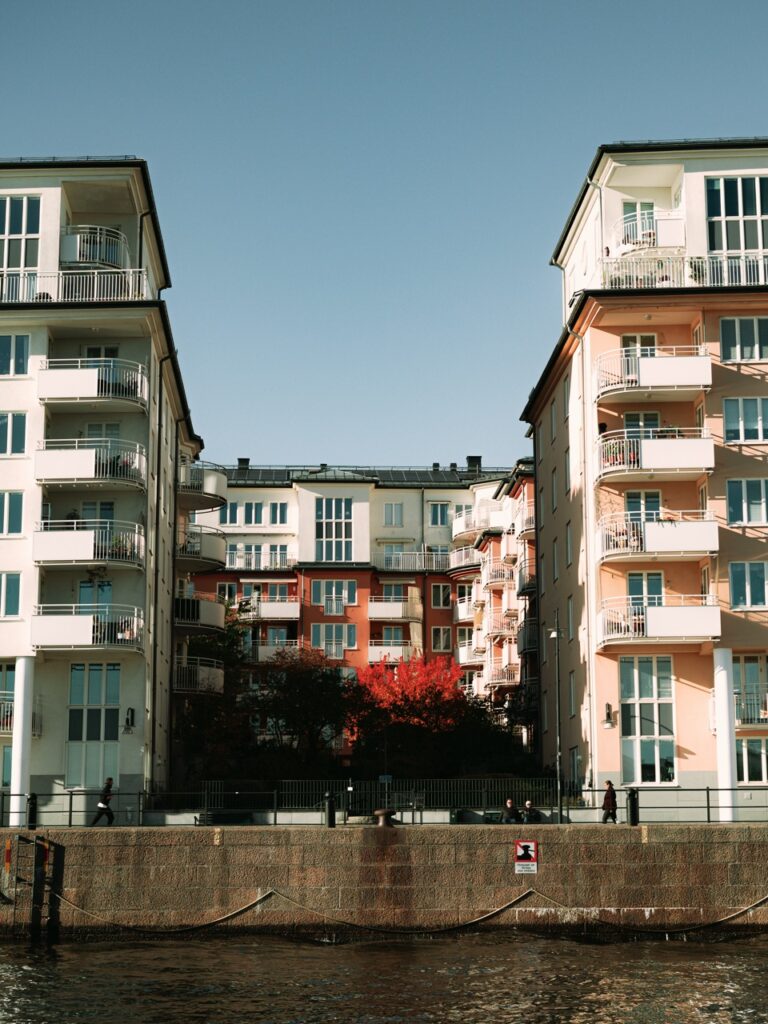 A view of modern apartments in Hammarby Sjöstad on the Stockholm Highlights boat tour