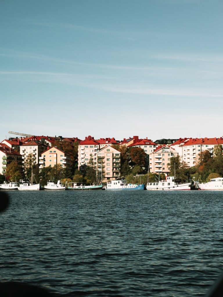 A view of apartments in Stockholm, Sweden, from a boat