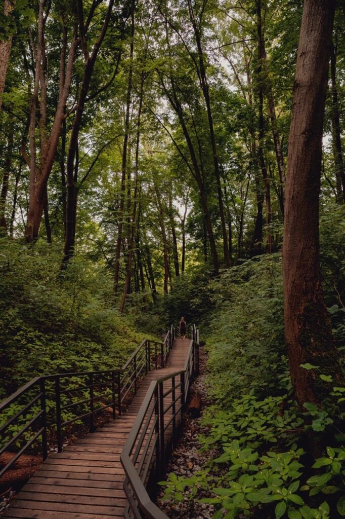 A park in Vilnius, Lithuania, with a staircase leading to the Three Crosses Monument