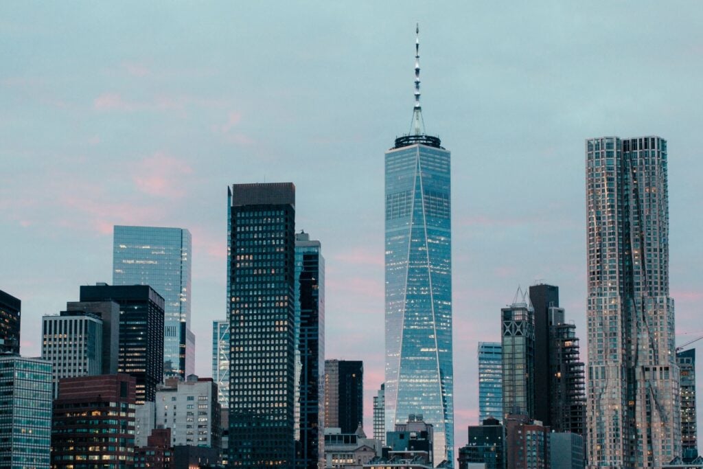 A view of the Lower Manhattan skyline from the Brooklyn Bridge