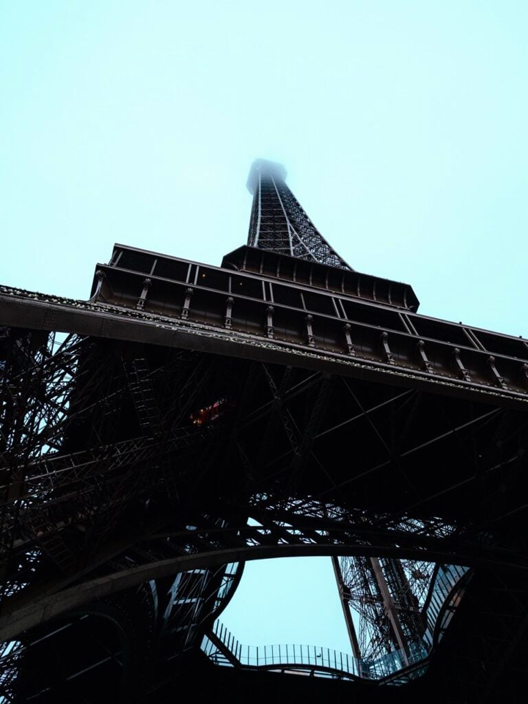 A close-up of the Eiffel Tower in Paris, France