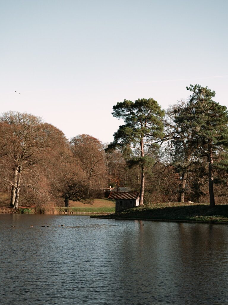 Trees and a lake at the gardens for Frederiksborg Slot in Hillerød, Denmark