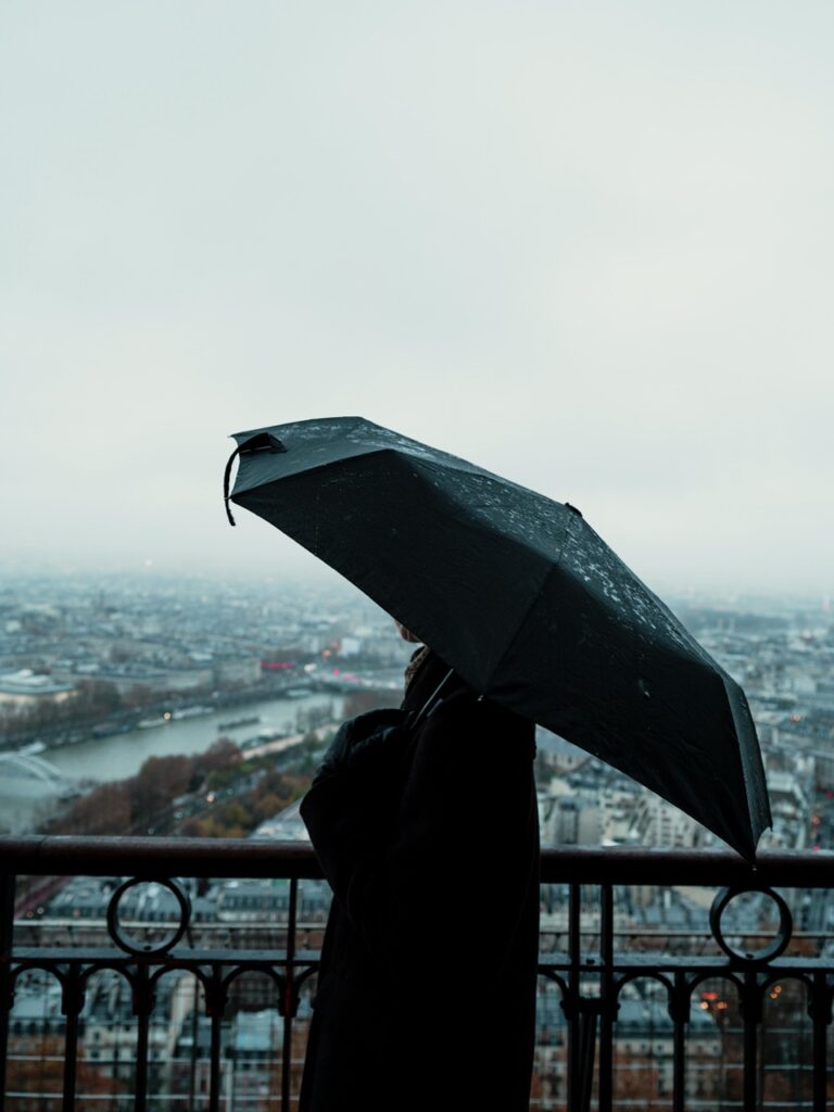A person with an umbrella in Paris atop the Eiffel Tower