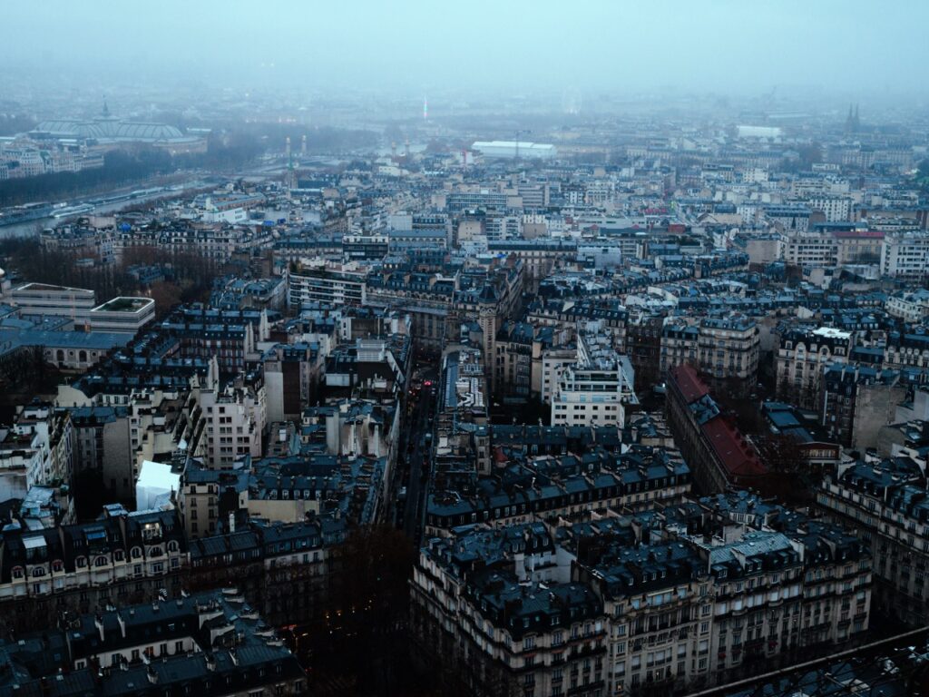 Fog covering Paris, France, as seen from the Eiffel Tower