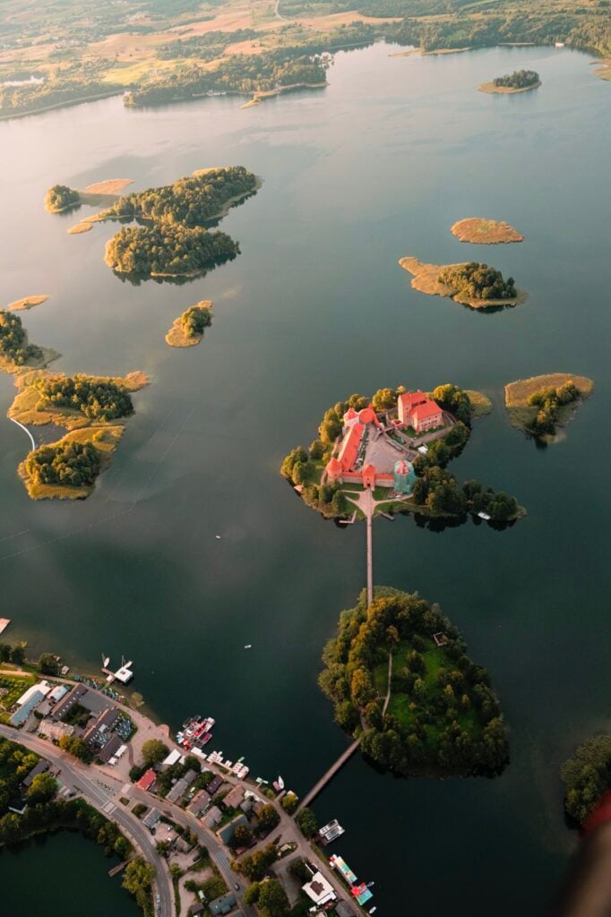 Trakai Castle in Lithuania, as seen from a hot air balloon