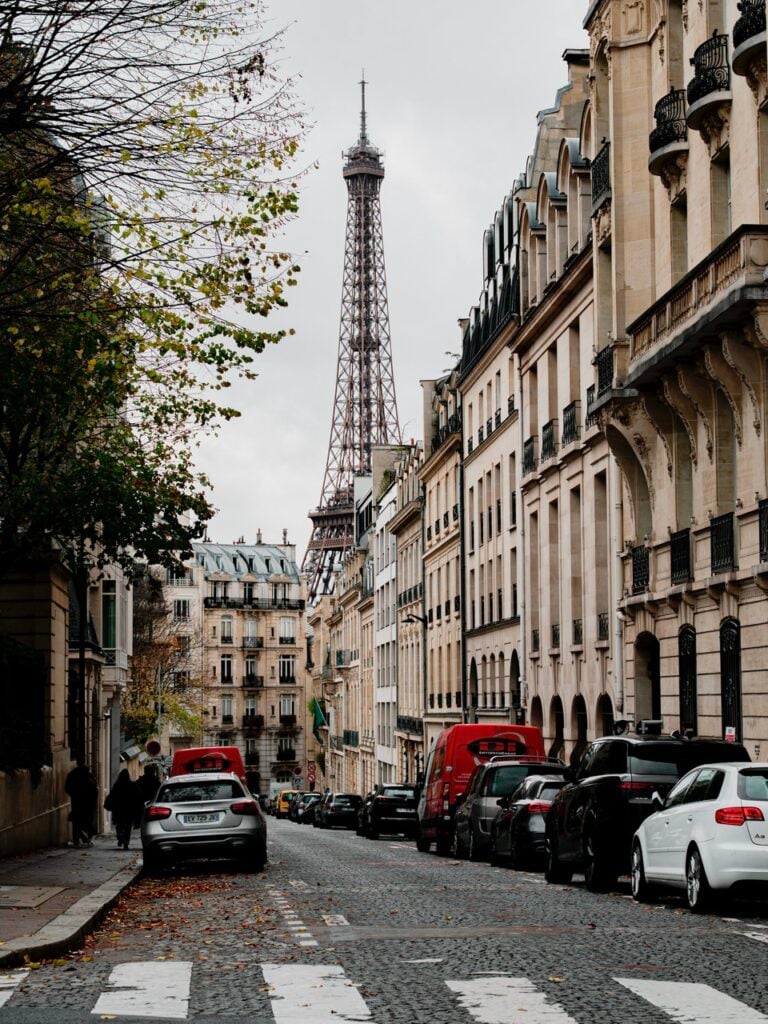 A street view of the Eiffel Tower