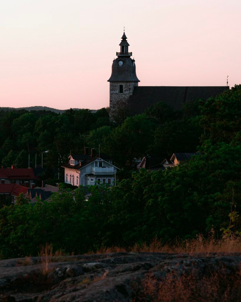 View of a church in Naantali, Finland, from a hill overlooking the town.