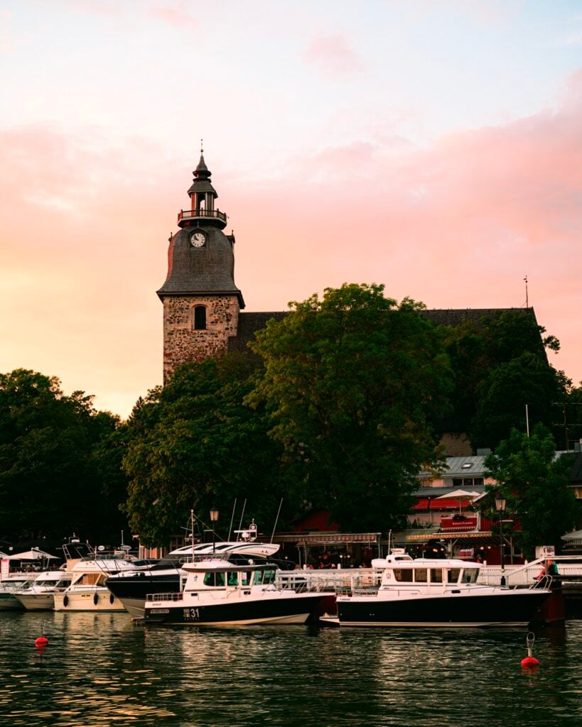 A church in Naantali, Finland, at sunset
