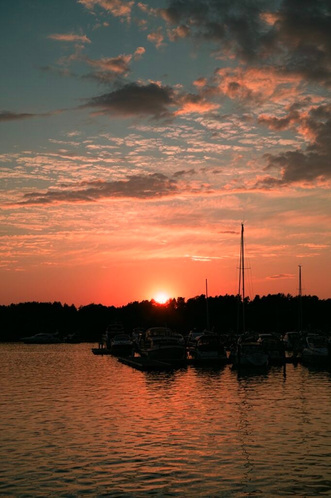 The sun setting over an island near Naantali, Finland