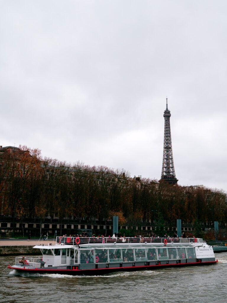 A boat near the Eiffel Tower in Paris, France