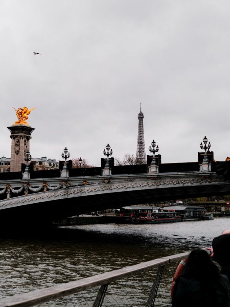 View of Pont Alexandre III from a River Seine cruise in Paris, France