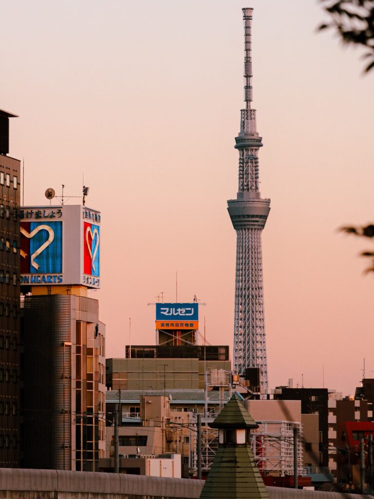 A view of the Sky Tree in Tokyo, Japan, at sunset
