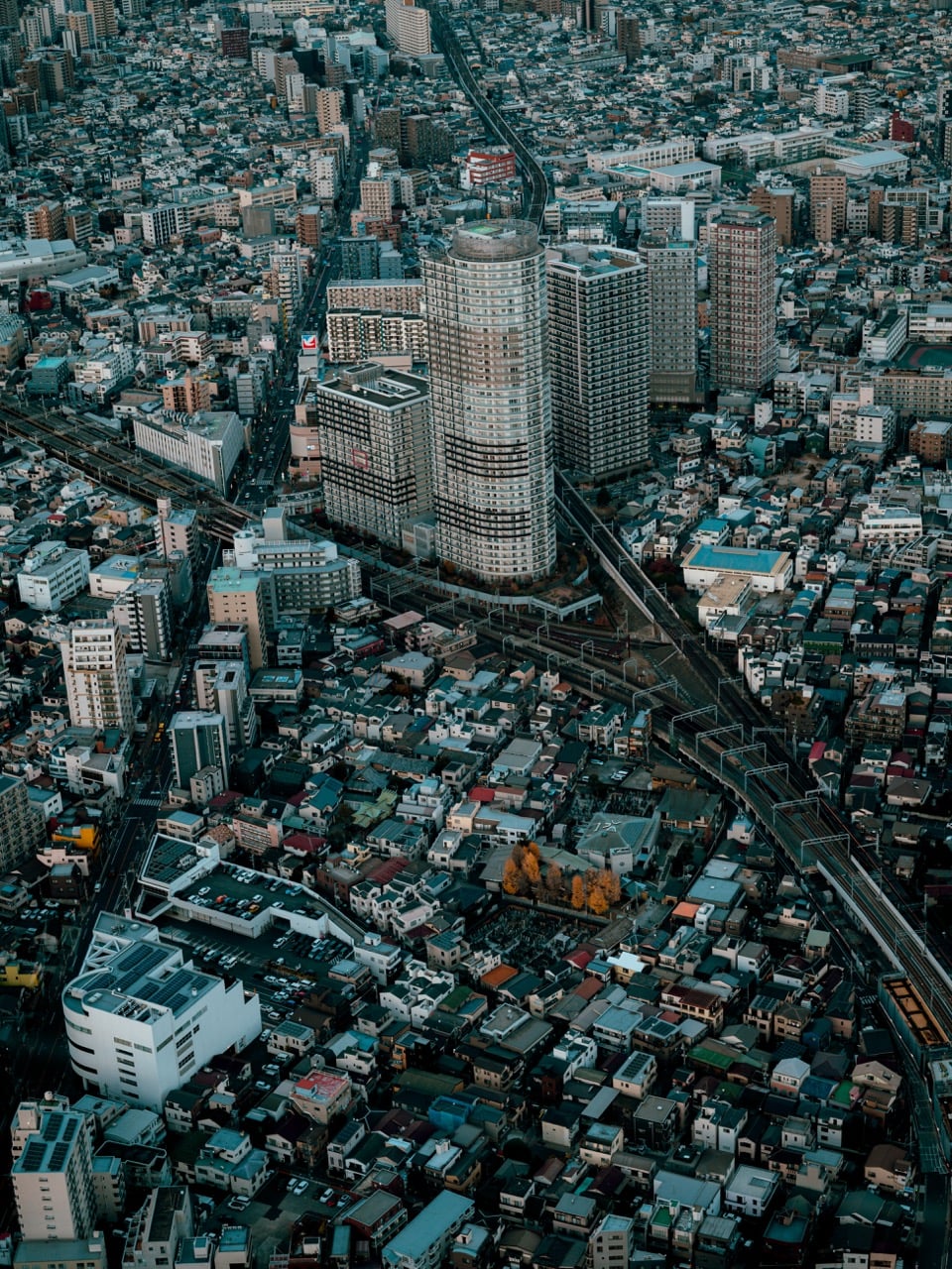 Closeup of a building from the top of the Tokyo Skytree