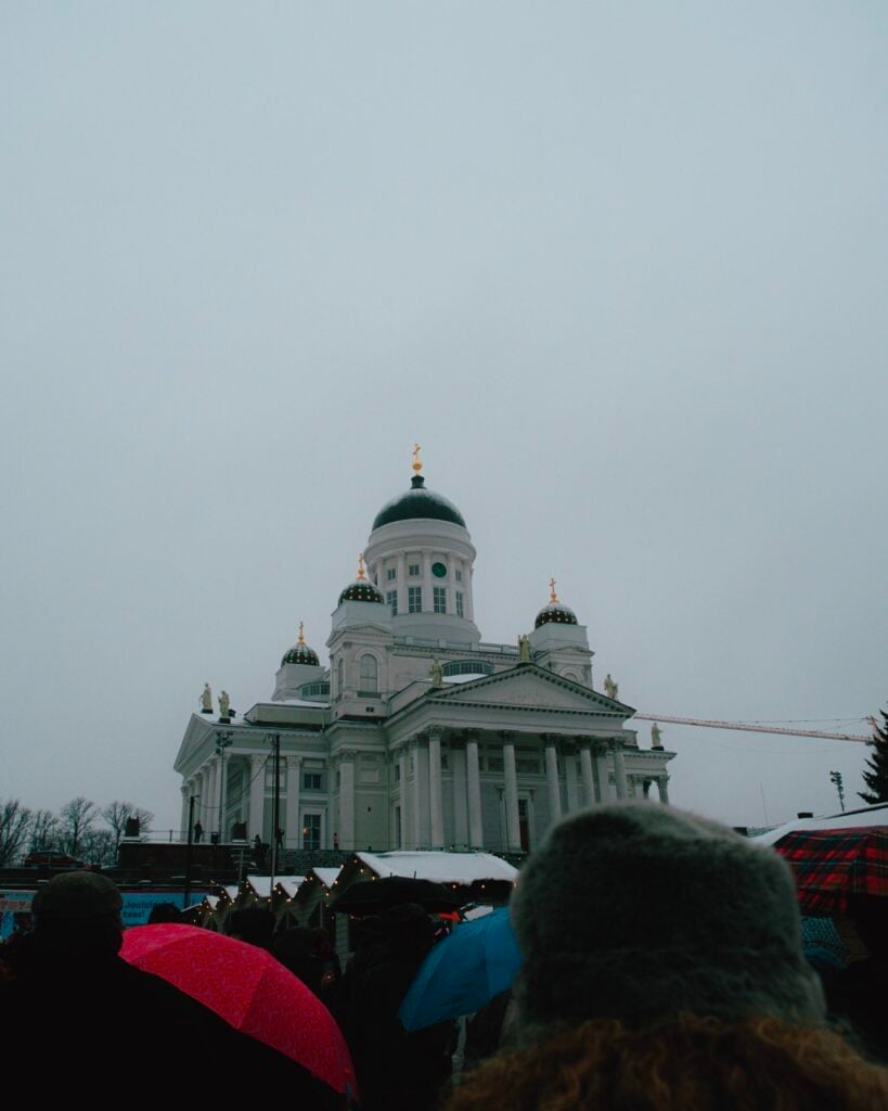 Cloudy day at a Christmas market in Helsinki, Finland