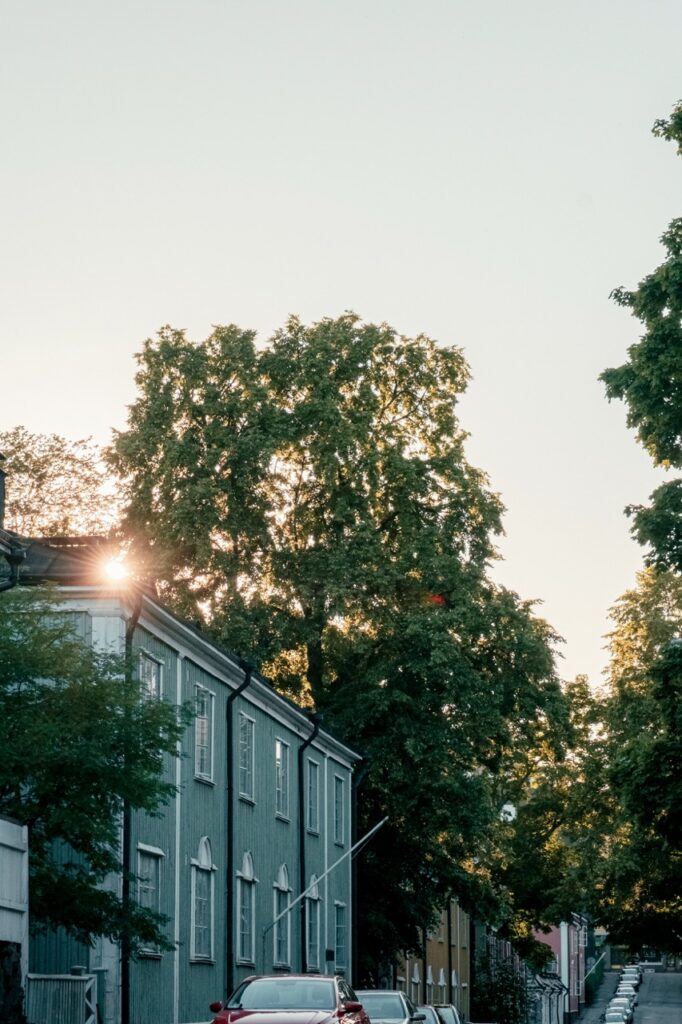 A wooden district in helsinki during the summer