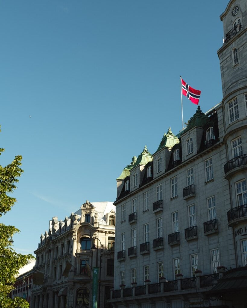 Norwegian flag on a building in the city center of Oslo, Norway