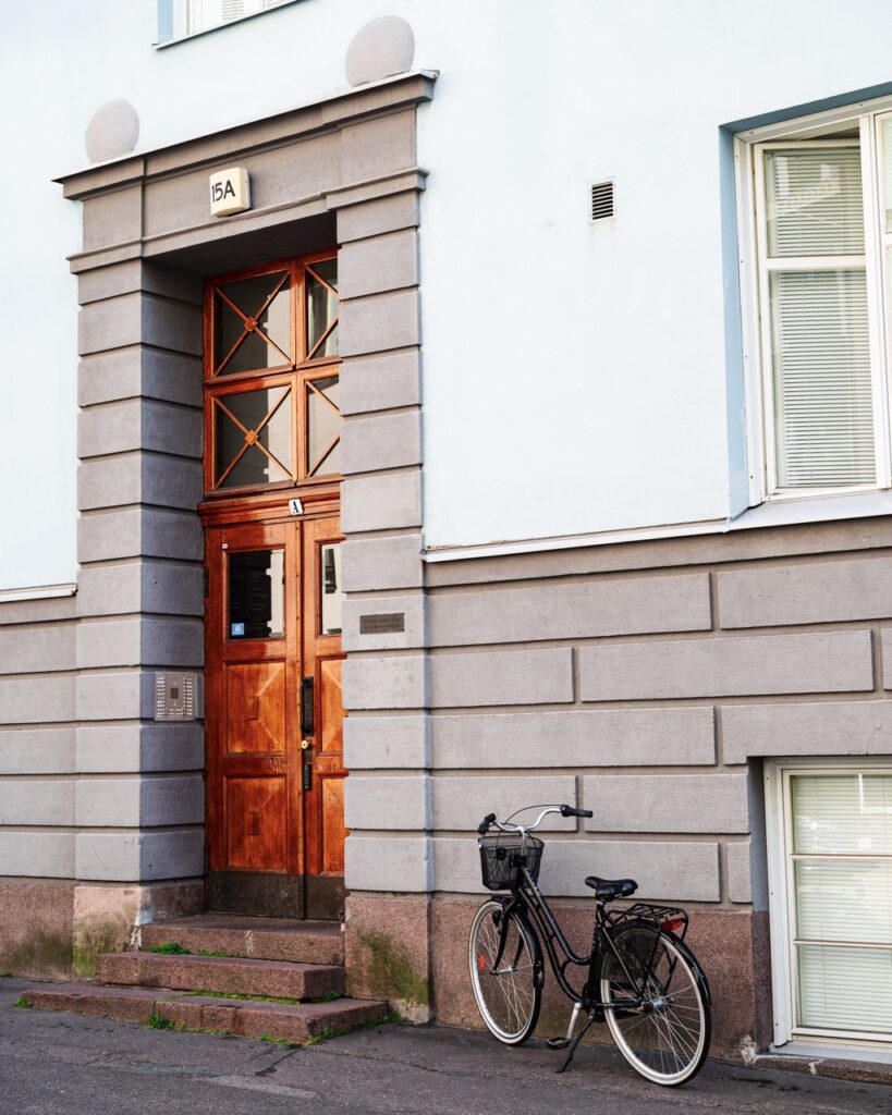 A bike parked outside a building in Helsinki, Finland