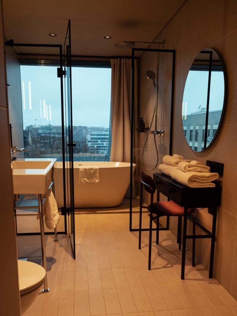 The bathroom in a room at Radisson RED in Helsinki, Finland