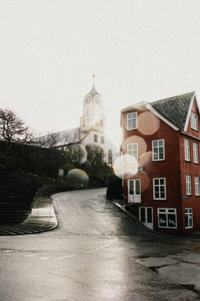 A photo of a building in Torshavn, Faroe Islands, with rain on the lens