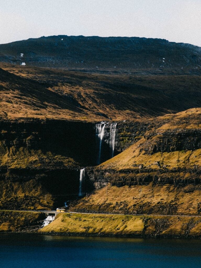 A waterfall in the Faroe Islands from afar