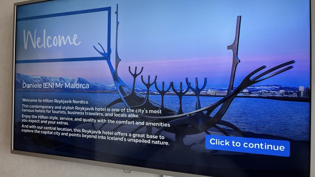 Welcome message on TV at Hilton Reykjavik Nordica