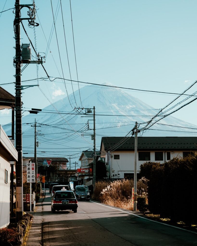 A taxi driving in Kawaguchiko, close to Mount Fuji