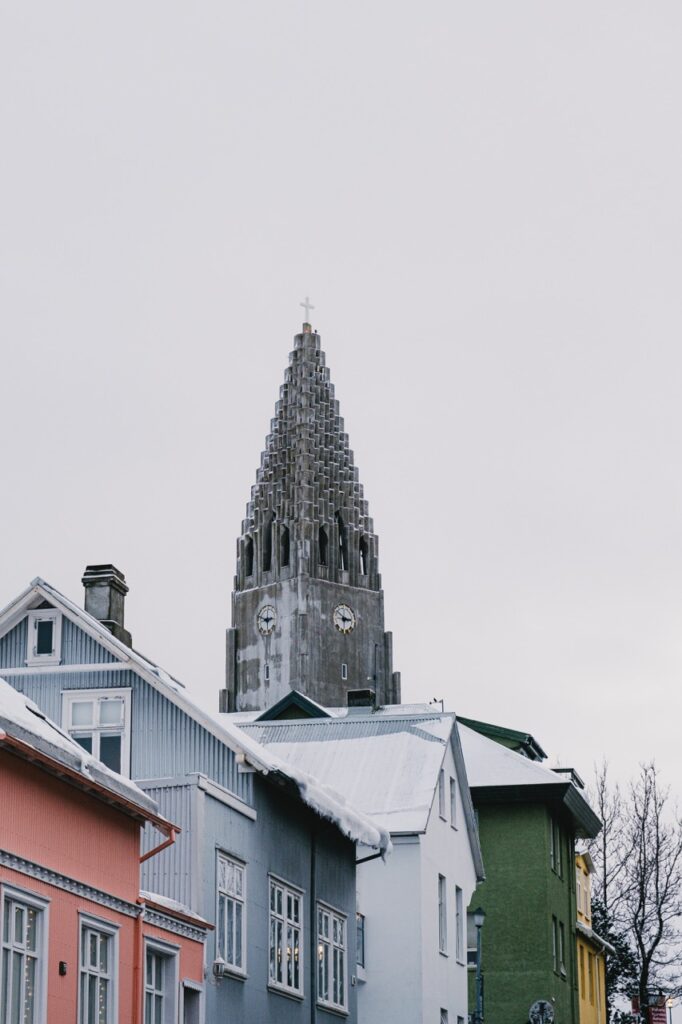Rooftops in the winter next to Hallgrimskirkja in Reykjavik, Iceland