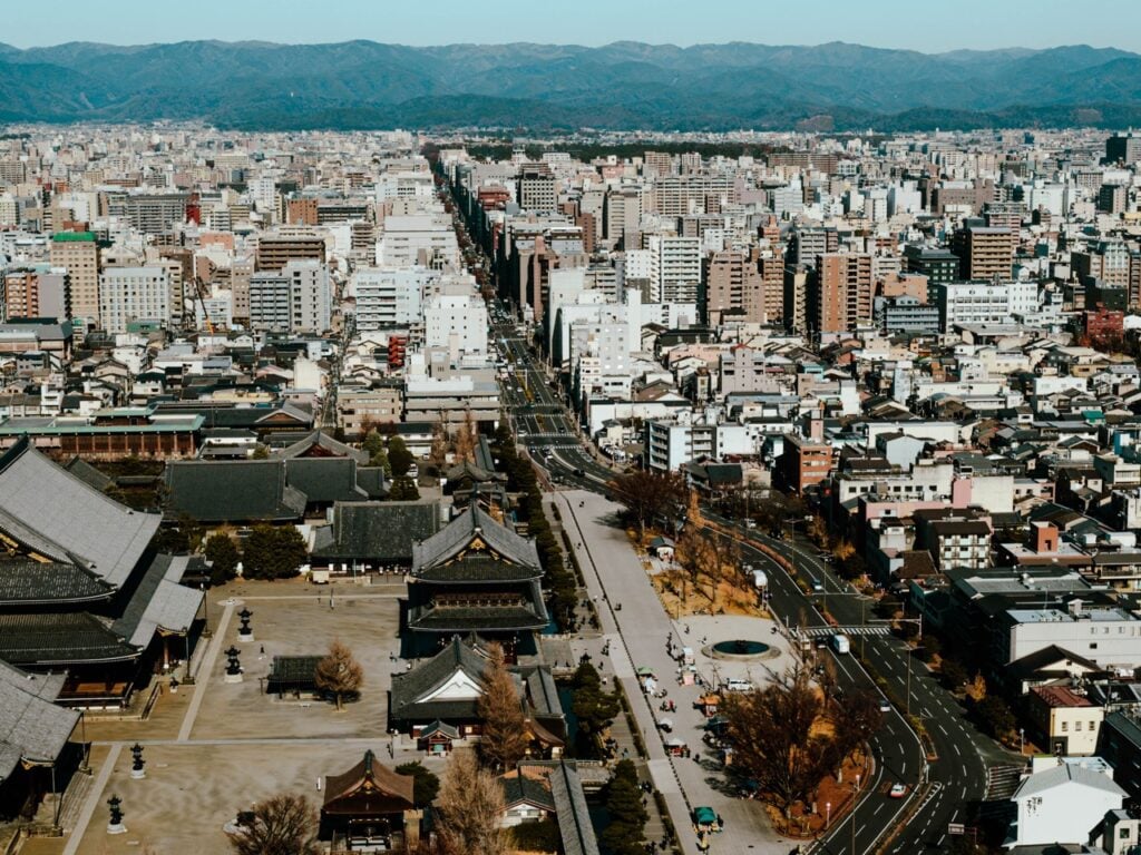 A view of a temple and the city skyline in Kyoto from the Kyoto Tower
